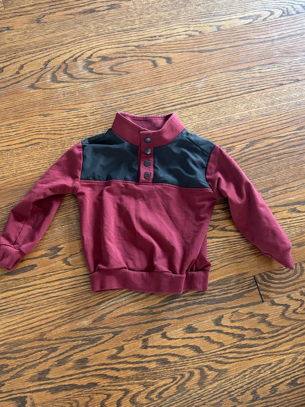 Kids Burgundy Pullover Hoodie with Black Yoke and Snap Neck